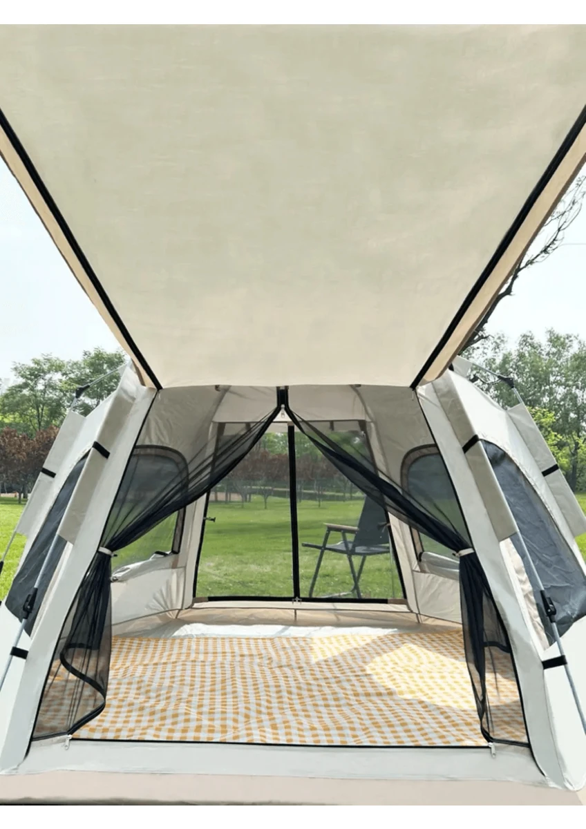 Tam Otomatik Su ve Rüzgar Geçirmez Gölgelikli Altıgen Aile Çadırı (ZP56-BEJ)280X240X155 cm